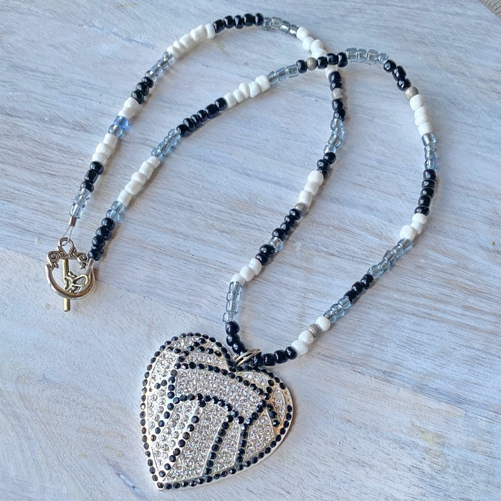 Volleyball Heart Necklace Rhinestone Sports Mom Gift Black White Silver Boho